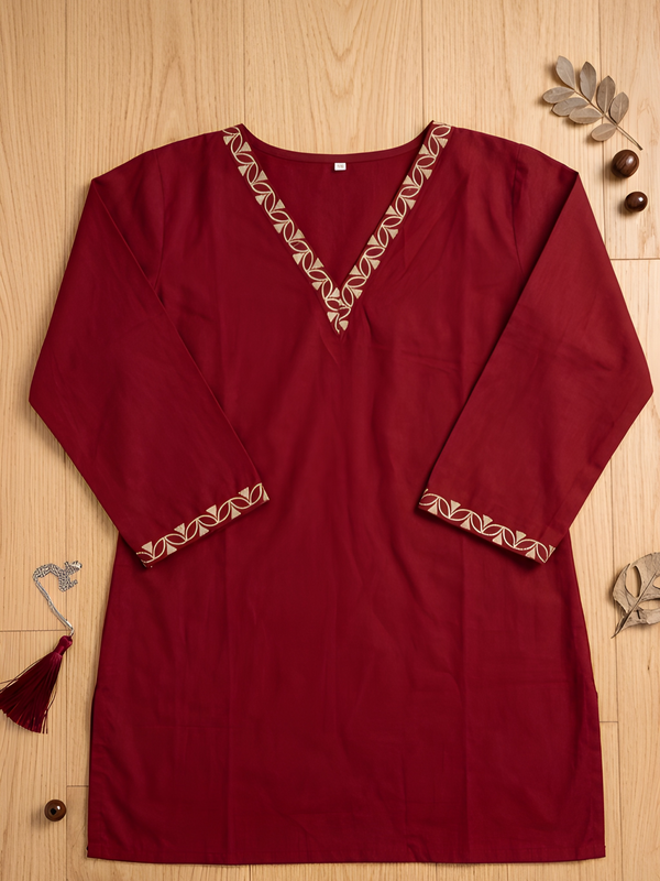 Women’s Maroon Roman Silk Embroidered Fancy Top