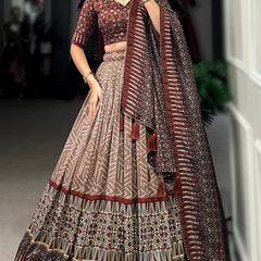 Women's Tusser Silk Printed Lehenga Choli with Foil Work & Gotta Patti Dupatta