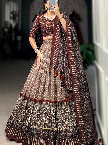 Women's Tusser Silk Printed Lehenga Choli with Foil Work & Gotta Patti Dupatta