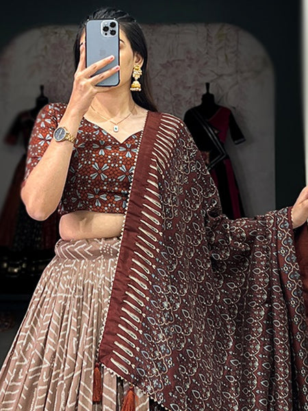 Women's Tusser Silk Printed Lehenga Choli with Foil Work & Gotta Patti Dupatta