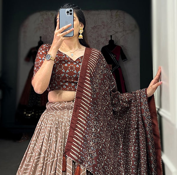 Women's Tusser Silk Printed Lehenga Choli with Foil Work & Gotta Patti Dupatta