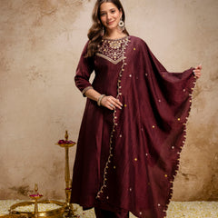 Women's Vichitra Silk Embroidered Kurta Pant Dupatta Set