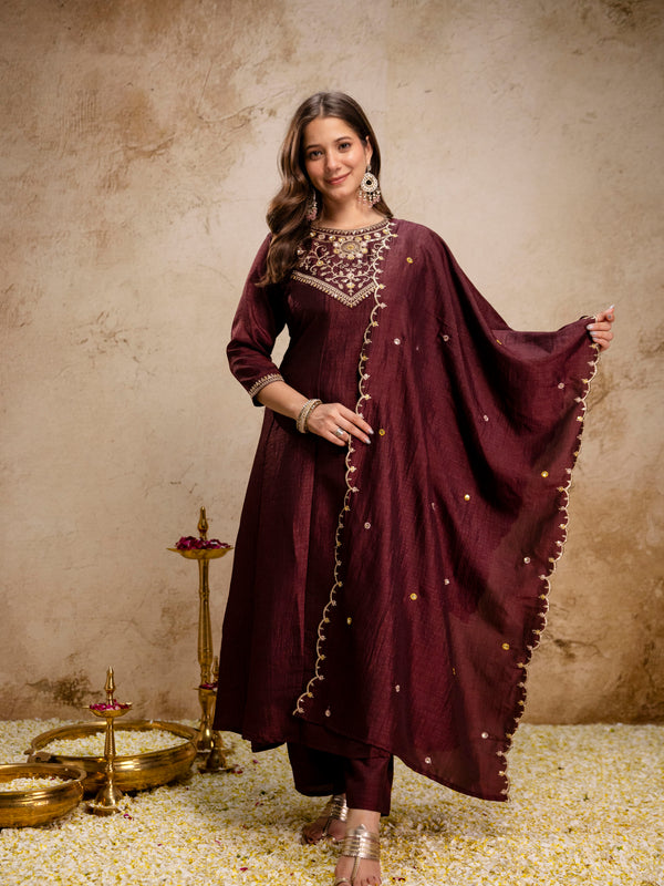 Women's Vichitra Silk Embroidered Kurta Pant Dupatta Set