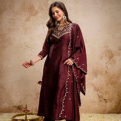 Women's Vichitra Silk Embroidered Kurta Pant Dupatta Set