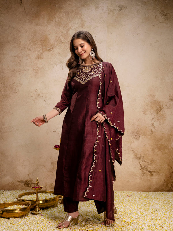 Women's Vichitra Silk Embroidered Kurta Pant Dupatta Set