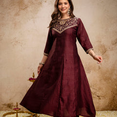 Women's Vichitra Silk Embroidered Kurta Pant Dupatta Set
