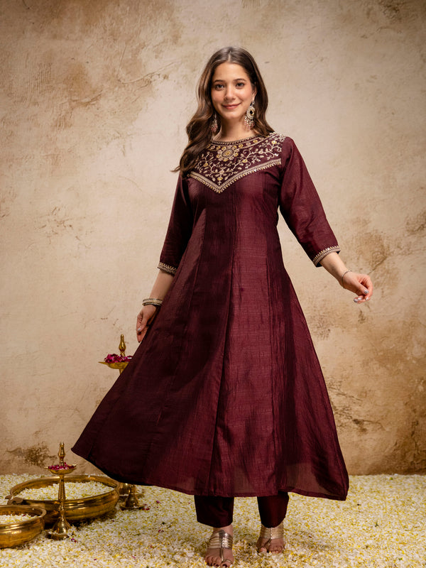 Women's Vichitra Silk Embroidered Kurta Pant Dupatta Set