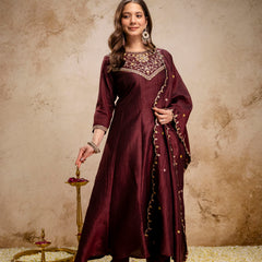 Women's Vichitra Silk Embroidered Kurta Pant Dupatta Set