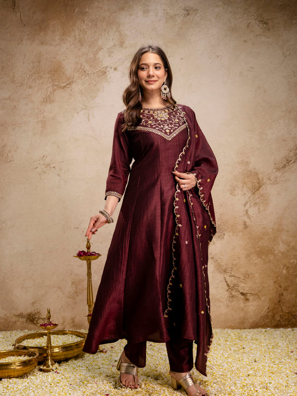Women's Vichitra Silk Embroidered Kurta Pant Dupatta Set