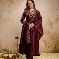 Women's Vichitra Silk Embroidered Kurta Pant Dupatta Set