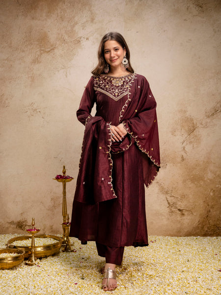 Women's Vichitra Silk Embroidered Kurta Pant Dupatta Set