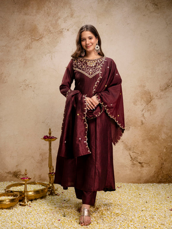 Women's Vichitra Silk Embroidered Kurta Pant Dupatta Set