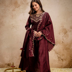 Women's Vichitra Silk Embroidered Kurta Pant Dupatta Set