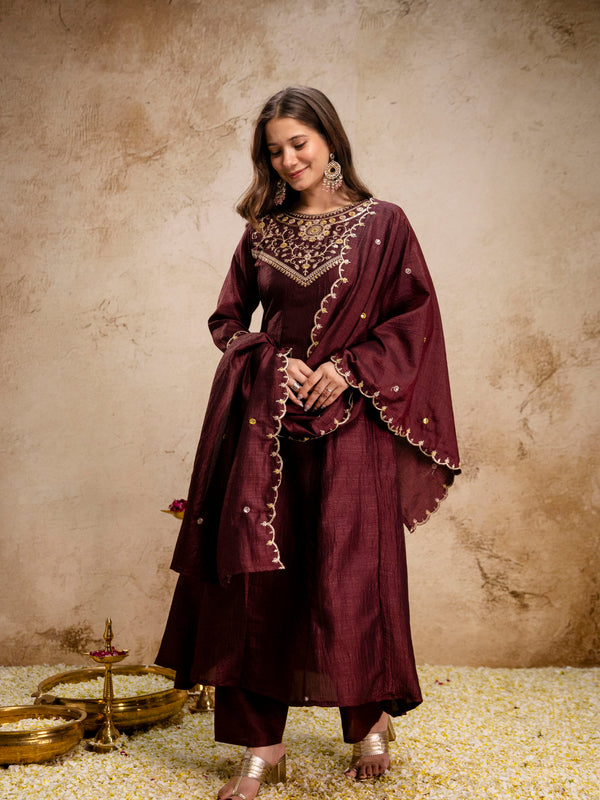 Women's Vichitra Silk Embroidered Kurta Pant Dupatta Set