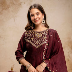 Women's Vichitra Silk Embroidered Kurta Pant Dupatta Set
