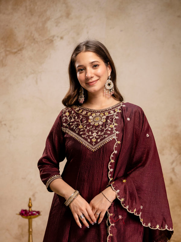 Women's Vichitra Silk Embroidered Kurta Pant Dupatta Set