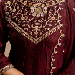 Women's Vichitra Silk Embroidered Kurta Pant Dupatta Set
