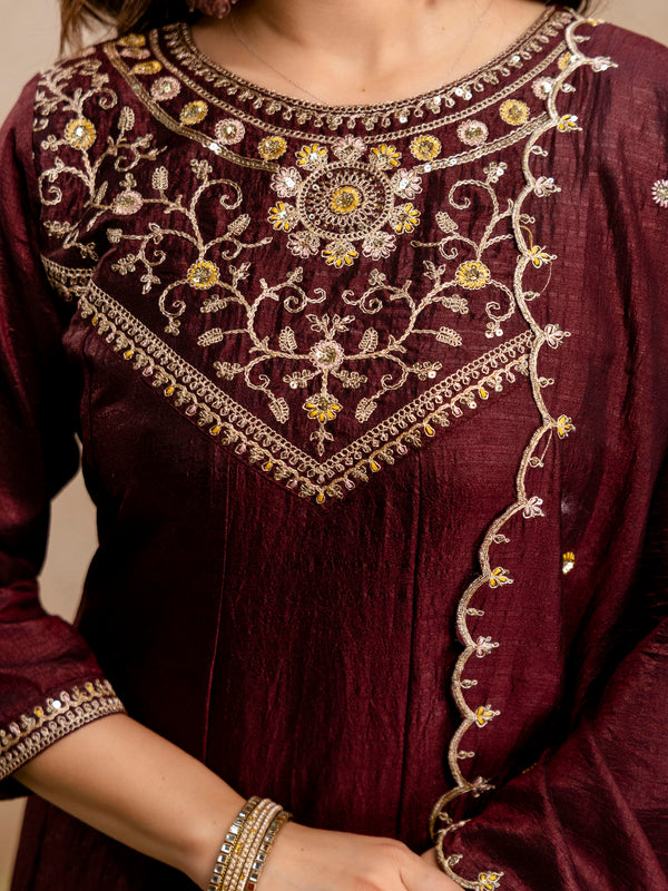 Women's Vichitra Silk Embroidered Kurta Pant Dupatta Set