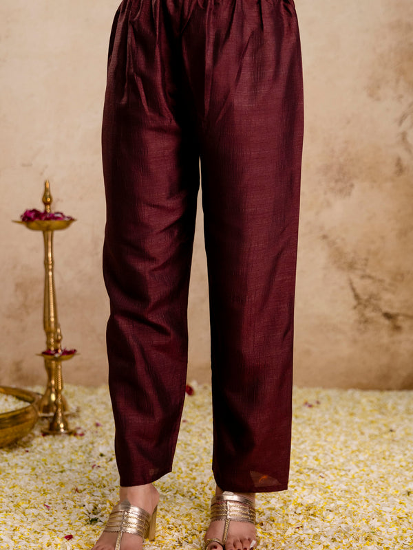 Women's Vichitra Silk Embroidered Kurta Pant Dupatta Set