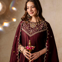 Women's Vichitra Silk Embroidered Kurta Pant Dupatta Set