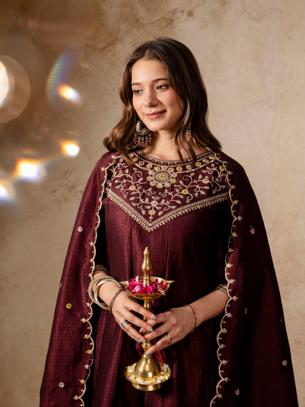 Women's Vichitra Silk Embroidered Kurta Pant Dupatta Set