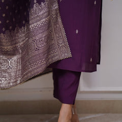 Women's PV Chanderi Embroidered Kurta with Pant & Cotton Jacquard Dupatta Set