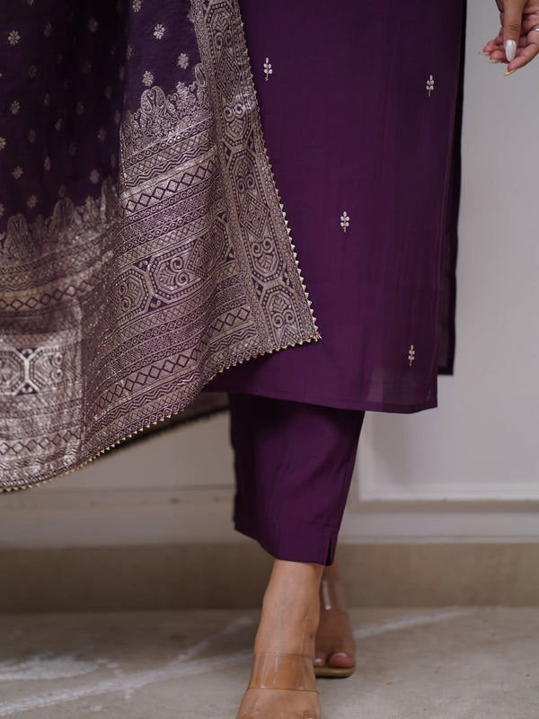 Women's PV Chanderi Embroidered Kurta with Pant & Cotton Jacquard Dupatta Set
