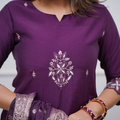 Women's PV Chanderi Embroidered Kurta with Pant & Cotton Jacquard Dupatta Set