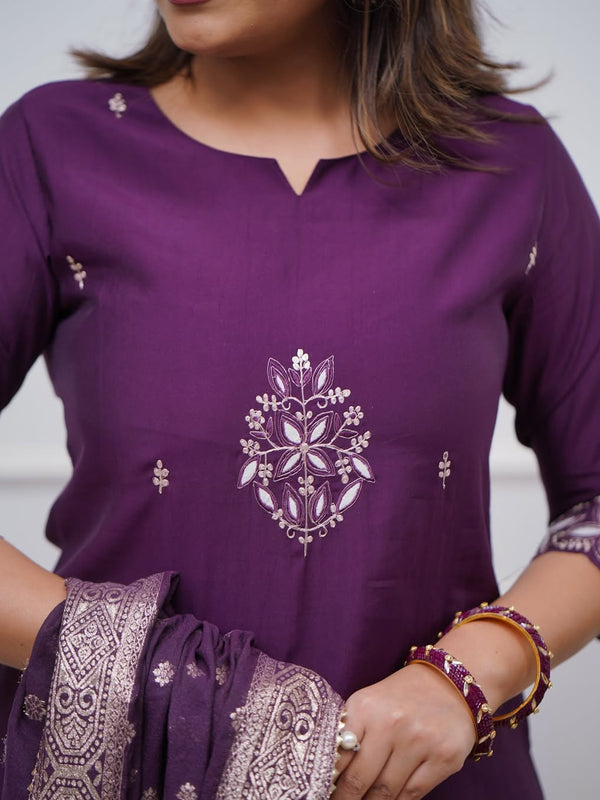 Women's PV Chanderi Embroidered Kurta with Pant & Cotton Jacquard Dupatta Set
