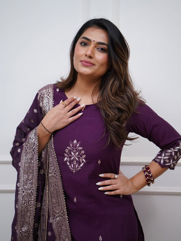 Women's PV Chanderi Embroidered Kurta with Pant & Cotton Jacquard Dupatta Set