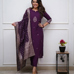 Women's PV Chanderi Embroidered Kurta with Pant & Cotton Jacquard Dupatta Set