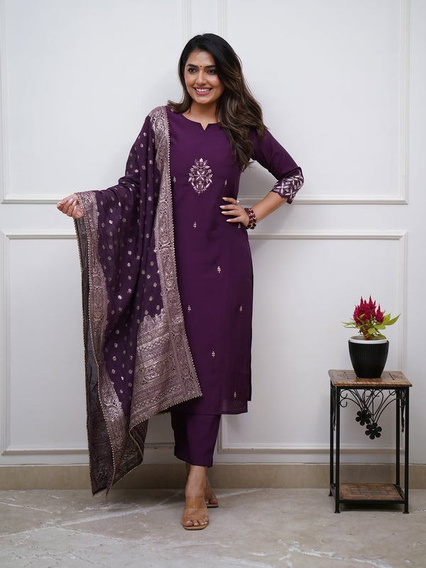 Women's PV Chanderi Embroidered Kurta with Pant & Cotton Jacquard Dupatta Set