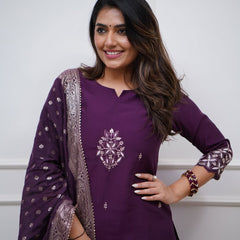 Women's PV Chanderi Embroidered Kurta with Pant & Cotton Jacquard Dupatta Set