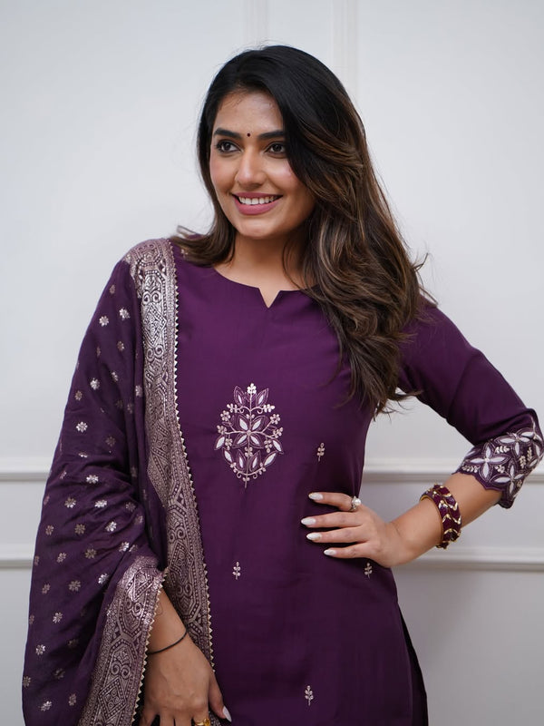 Women's PV Chanderi Embroidered Kurta with Pant & Cotton Jacquard Dupatta Set