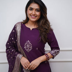 Women's PV Chanderi Embroidered Kurta with Pant & Cotton Jacquard Dupatta Set