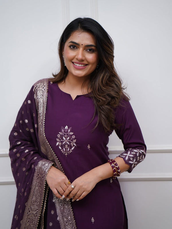 Women's PV Chanderi Embroidered Kurta with Pant & Cotton Jacquard Dupatta Set