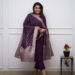 Women's PV Chanderi Embroidered Kurta with Pant & Cotton Jacquard Dupatta Set
