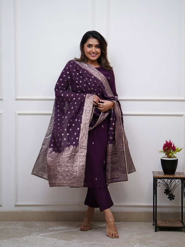 Women's PV Chanderi Embroidered Kurta with Pant & Cotton Jacquard Dupatta Set